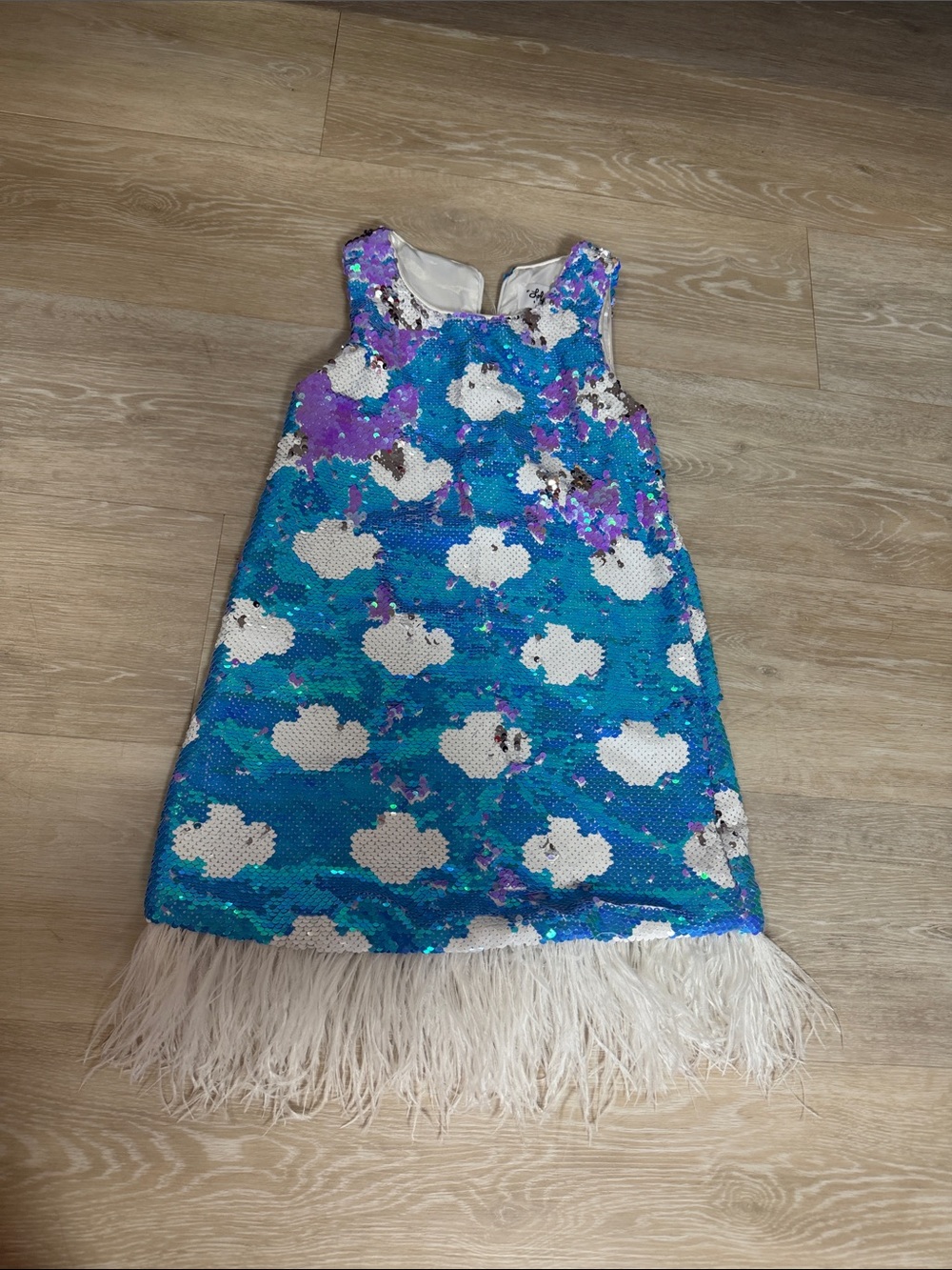 Lola and The Boys Sequin Cloud Dress with Feather Hem
